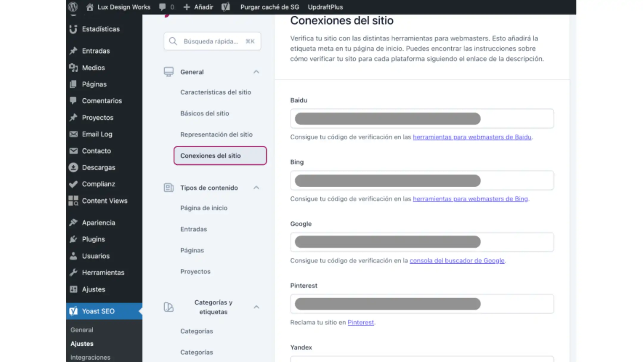 Conexiones del sitio webmaster tools