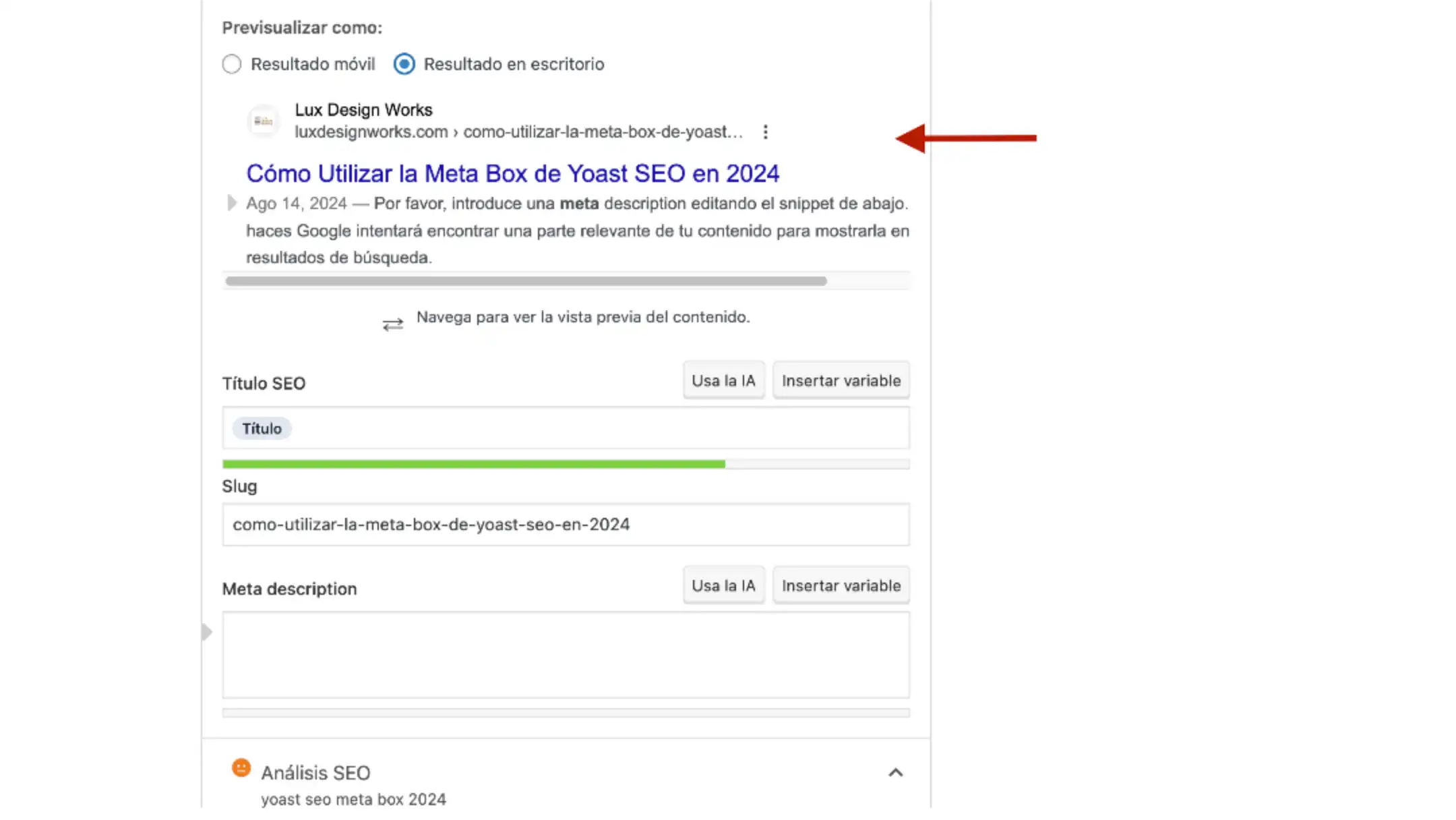 Seo yoast plugin meta box previsualizar escritorio