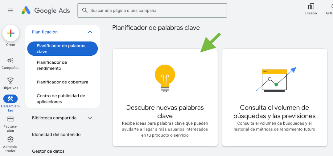 Herramientas y configuracion busca planificador de palabras clave